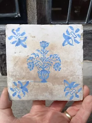 Buy C1640, ANTIQUE 17thC DUTCH DELFT BLUE AND WHITE TILE, WITH FLOWERS. • 24£
