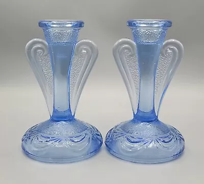Buy 1930's Art Deco ~Bagley Blue Glass Candlesticks Pair Candle Holders Rutland VGC • 16.49£