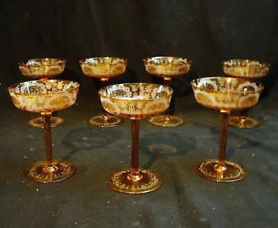 Buy Lot Of 7 Bohemian Stemware Yellow Orange Decoratively Etched To Clear • 121.64£