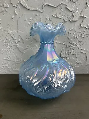 Buy FENTON Blue Carnival Glass Swans Ruffled Vase (H: 8-1/4”) • 144.16£