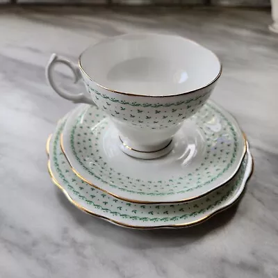 Buy Queen Anne Teacup Saucer And Plate Set Green White Bone China • 9.99£