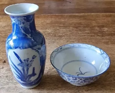 Buy 2 Vintage Porcelain Blue And White Floral Design Vase And  Bowl • 15£