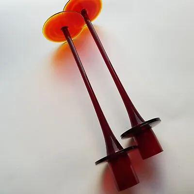 Buy Glass Candle Stick Red Orange Sunburst Pair Hand Blown 26cm Retro Design VTG • 19.50£