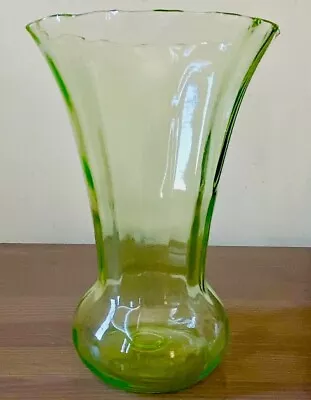 Buy Vintage Vaseline Glass Optic 16-Rib Flared Vase Scalloped Rim 10”H • 48.40£