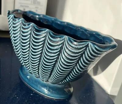 Buy Vintage Dartmouth Pottery Shell Mantle Vase In Deep Petrel Blue White Accents Fl • 45£