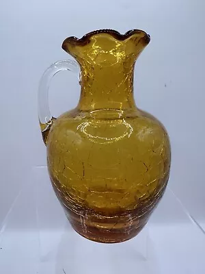 Buy Vintage Amber Crackle Art Glass Bud Vase Hand Blown Pitcher Applied Handle • 14.25£