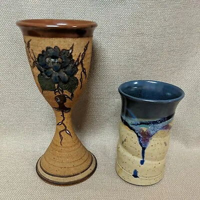 Buy 2 Different Handmade Pottery Drinking Vessels -Wine Goblet & Cup - Artist Signed • 26.89£