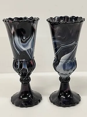Buy Antique Victorian Amethyst Marbled Malachite Pr Vases Slag Pressed Glass Sowerby • 80£