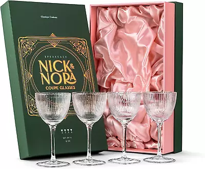 Buy Vintage Art Deco Nick And Nora Coupe Glasses | Set Of 4 | 5 Oz Crystal Ribbed  • 72.03£