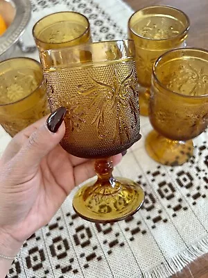 Buy Vintage 1970’s Set Of 5 Decorative Goblet Amber Glassware/barware • 33.57£