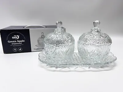 Buy 3PC Glass Sweet Sugar Bowl With Lid Tray Crystal Effect Dish - New Open Box Item • 10£