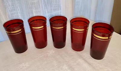 Buy Set Of 4 Vintage 1930s Ruby Red Glass Drink Tumblers Gold Band • 18.97£