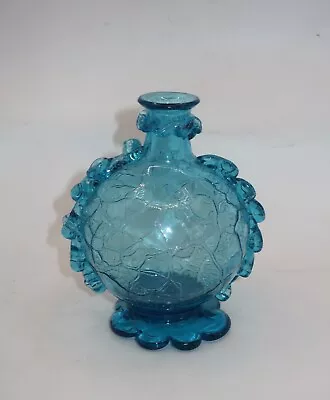 Buy Vintage Blue Crackle Glass Vase / Vessel Hand Blown Applied Ruffle / Rigaree • 21.19£