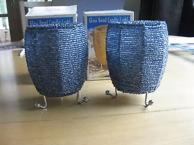 Buy 2 Blue Glass Bead Candle Holders 11 Cms High NEW • 4.98£
