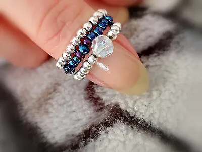 Buy Stretch Beaded Elastic Stacking Silver Blue Tone Crystal Rings Set Of 3 • 5.59£