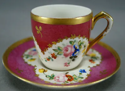 Buy Sevres Style Charles Pillivuyt Hand Painted Floral Pink & Gold Demitasse Cup  • 141.93£