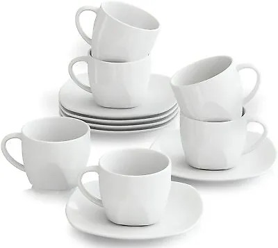 Buy MALACASA Elisa 12-Piece White Cup And Saucer Set Porcelain Tea Coffee Cups 200ml • 19.99£