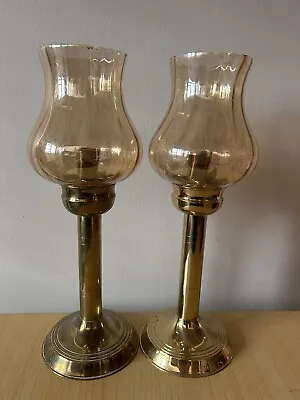 Buy Vintage Brass Candlestick Holders Spring Loaded Glass Shades 12.5” Stylish • 40£