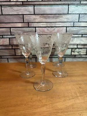 Buy Antique Etched Floral Pattern Crystal Wine Glasses Set Of 5, Same Day QuikShip • 75.99£