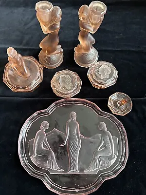 Buy Stunning Pink Glass Art Deco Antique Vanity Dressing Table Set Walther Sohne • 130£