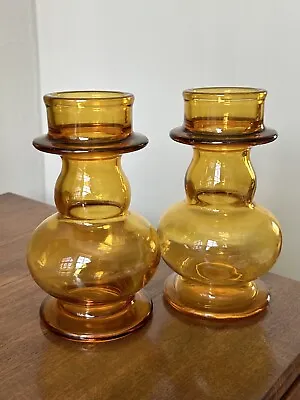 Buy 2 X VINTAGE RIIHIMAKI Tamara Aladin Amber Glass Hyacinth Bulb Vases 18cm Pair • 50£