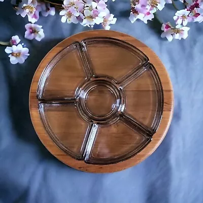 Buy Vintage Digsmed Denmark Teak Lazy Susan With Smokey Gray Glass Dishes 60's-70's • 125.42£