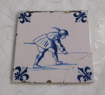 Buy Antique Dutch Delft Blue And White Tile Man With Stick  A/F • 24.99£