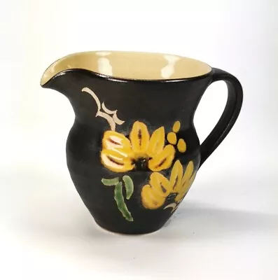 Buy Vintage Marazion Studio Pottery Cornwall Charcoal Glazed Jug Painted Flowers • 14£