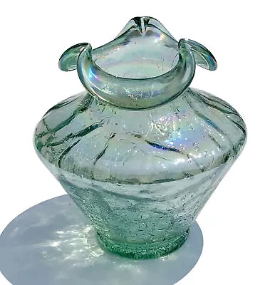 Buy 1992 Fenton Art Glass - Sea Mist Green Iridized Crackle Vase • 57.91£