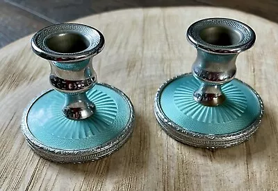 Buy Vintage Silver Plated  & Blue Engine Turned Candle Holders • 5.50£