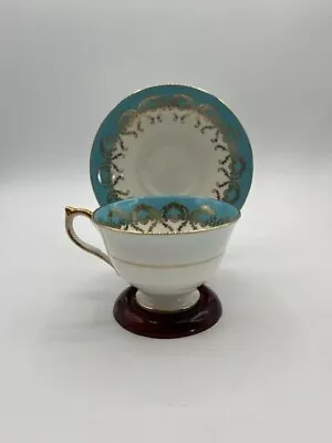 Buy Aynsley Blue Turquoise England Gold Wreath Lace Tea Cup & Saucer No Damage • 20.41£