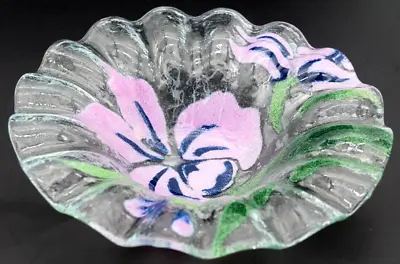 Buy Vintage Sydenstricker Fused Glass Bowl W/ Ruffled Edges & Floral Purple Flower • 13.45£