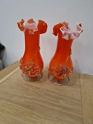 Buy Retro Orange Plum Blossom Vases, Frilled Rims, 70's Pair Hand Blown Ruffle Vases • 20£