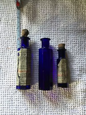 Buy Vintage Blue Glass Apothcary Bottles X3, Two With Corks As Shown • 15£