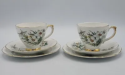 Buy Pair Of Delphine Bone China Cup & Saucer Trio Set Daffodil Floral Pattern • 20£