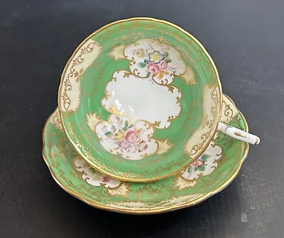Buy VTG Hammersley England Hand Painted Floral Green & Gold Tea Cup & Saucer Set • 71.13£