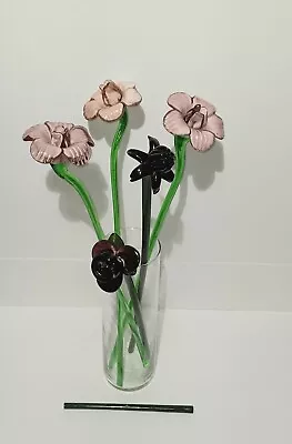 Buy Vintage Murano Style Long Stem 19  Art Glass Flowers Set Of 5 • 72.38£