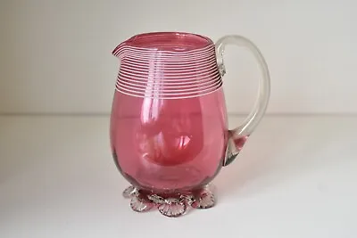 Buy Threaded Cranberry Glass Jug Victorian Footed Frilled Base (N) • 25£
