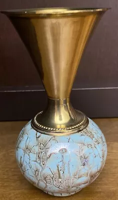 Buy Vintage EB Delftware Holland Brass And Handpainted Sky Blue Marbled Ceramic Vase • 20.44£