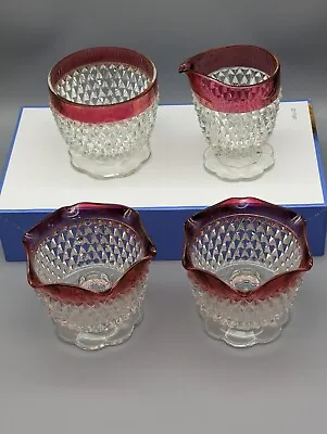 Buy Indiana Glass Diamond Point Ruby Flash LOT Creamer Open Sugar And Candle Holders • 20.86£