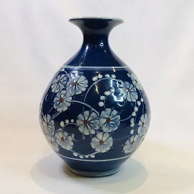 Buy Vintage Earthenware KAHLER Blue & White Flower 1930’s SCANDI Danish Bulbous Vase • 39£