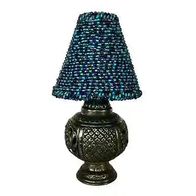 Buy Vintage Victorian Rococo Metal Candle Lamp Glass Votive Blue Beaded Shade • 56.96£