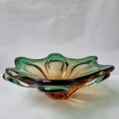 Buy Vintage Amber Green Glass Dish Bowl Murano  22 Cm • 22£