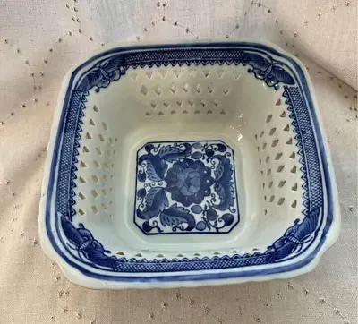 Buy Vintage Blue And White Pottery Square Bowl Pierced Design • 14.59£