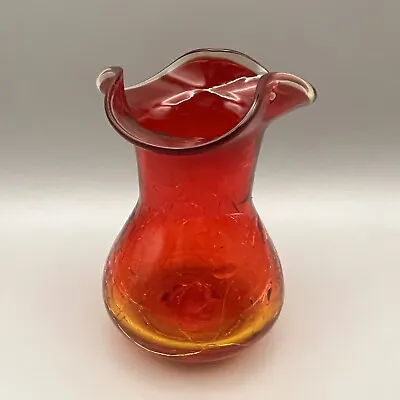 Buy Vintage Amberina Hand Blown Crackle Glass Vase Ruffle Rim 4” Tall • 16.14£