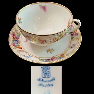 Buy Vintage SCHUMANN DRESDEN Flowers Cup & Saucer 1932-1944 Blue Crown Lion Mark • 33.58£