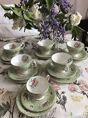 Buy Rare Queen Anne Gainsborough Green Floral China Tea Set Cups,saucers & Plates • 325£