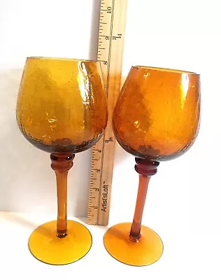 Buy Amber Crackle Glass Goblets Pair Long Stem Excellent Preowned 8 Inch Tall • 20.25£