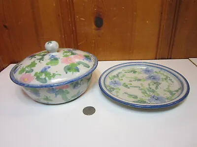 Buy 3pc Studio Art Pottery Glazed Covered Casserole Dish Bowl Plate Floral Zimbabwe • 24.65£