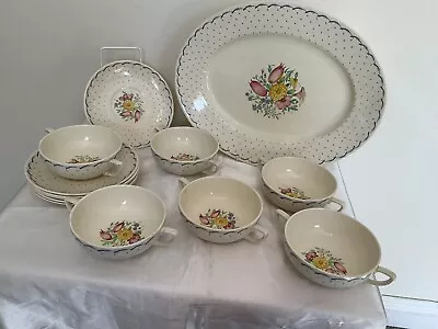 Buy Susie Cooper 6 Soup Bowls With Saucers, One Oval Plate, Printemps Design • 85£